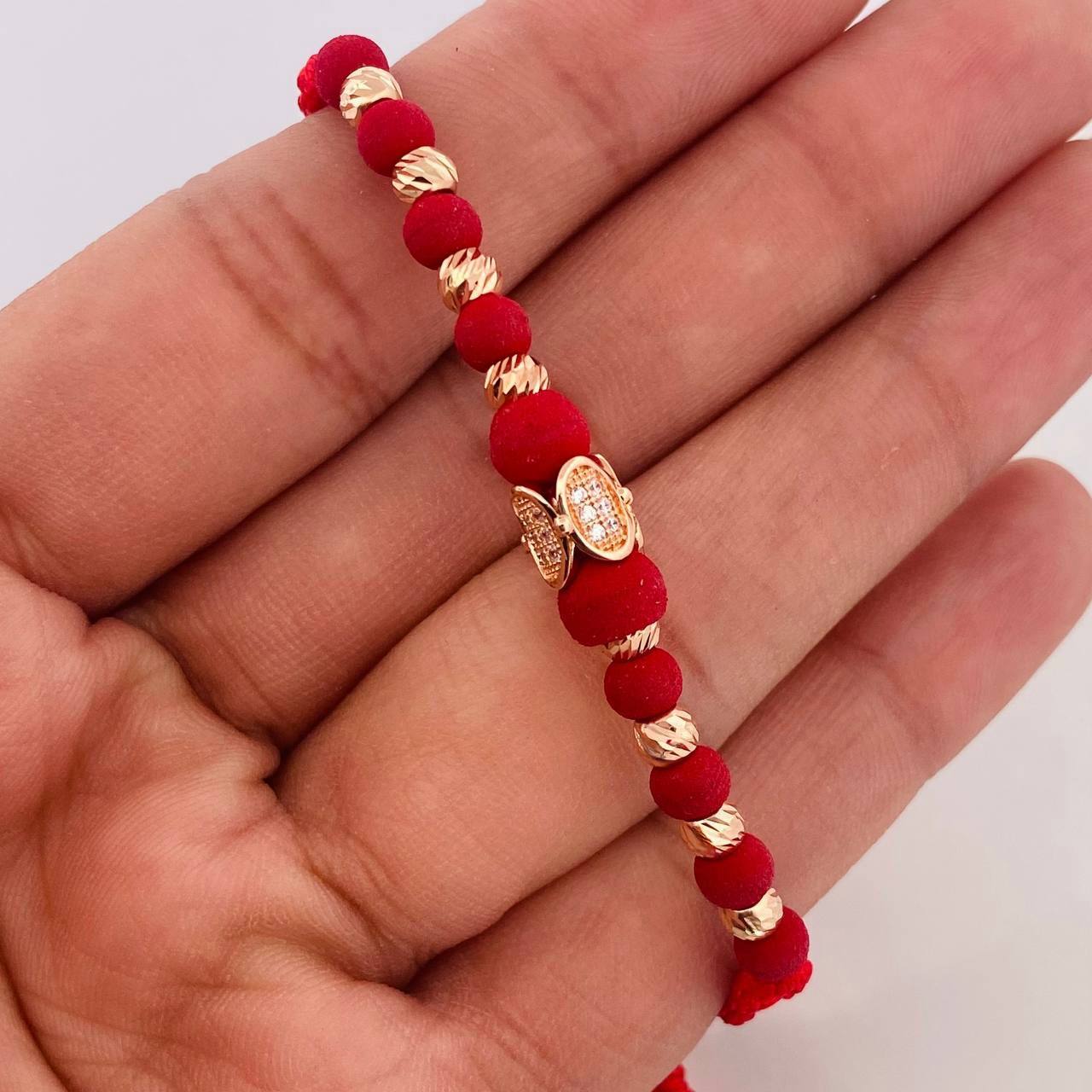 Pulsera Tejida Roja Ovalos Oro Rosa 18K
