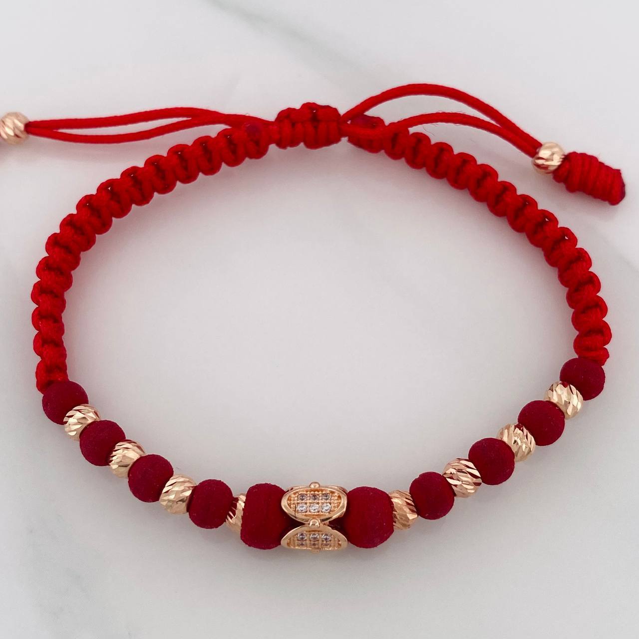Pulsera Tejida Roja Ovalos Oro Rosa 18K
