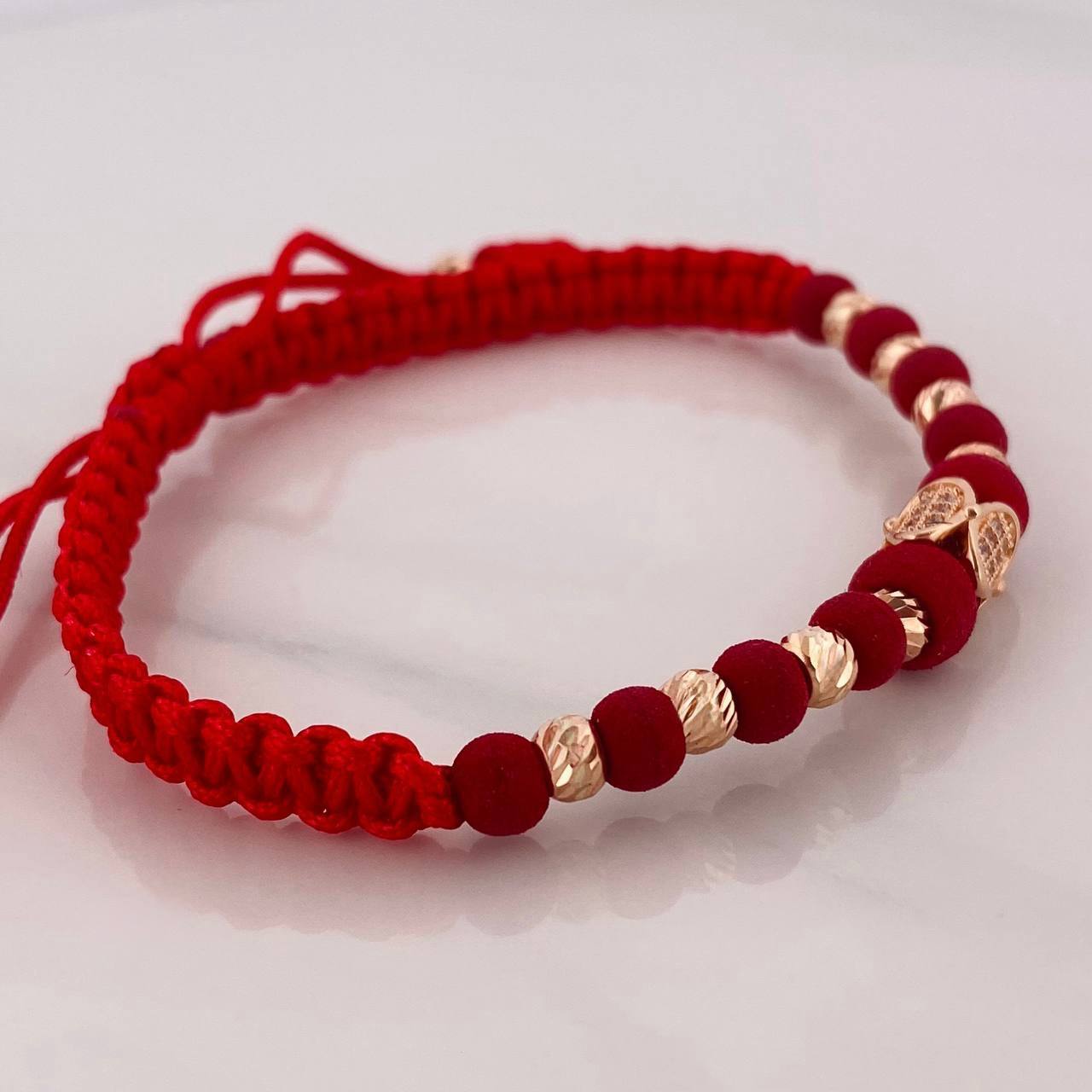 Pulsera Tejida Roja Ovalos Oro Rosa 18K