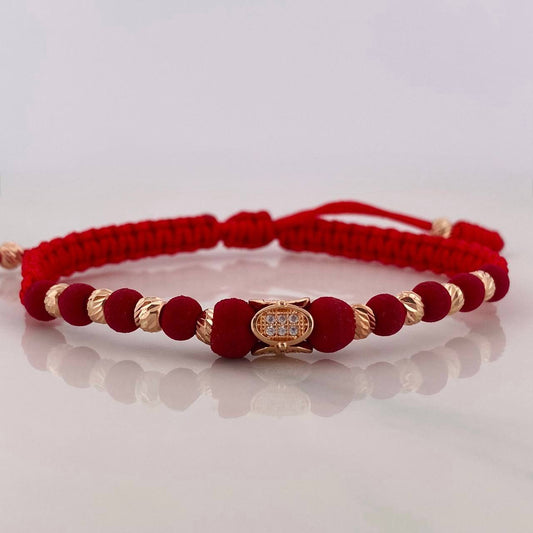 Pulsera Tejida Roja Ovalos Oro Rosa 18K