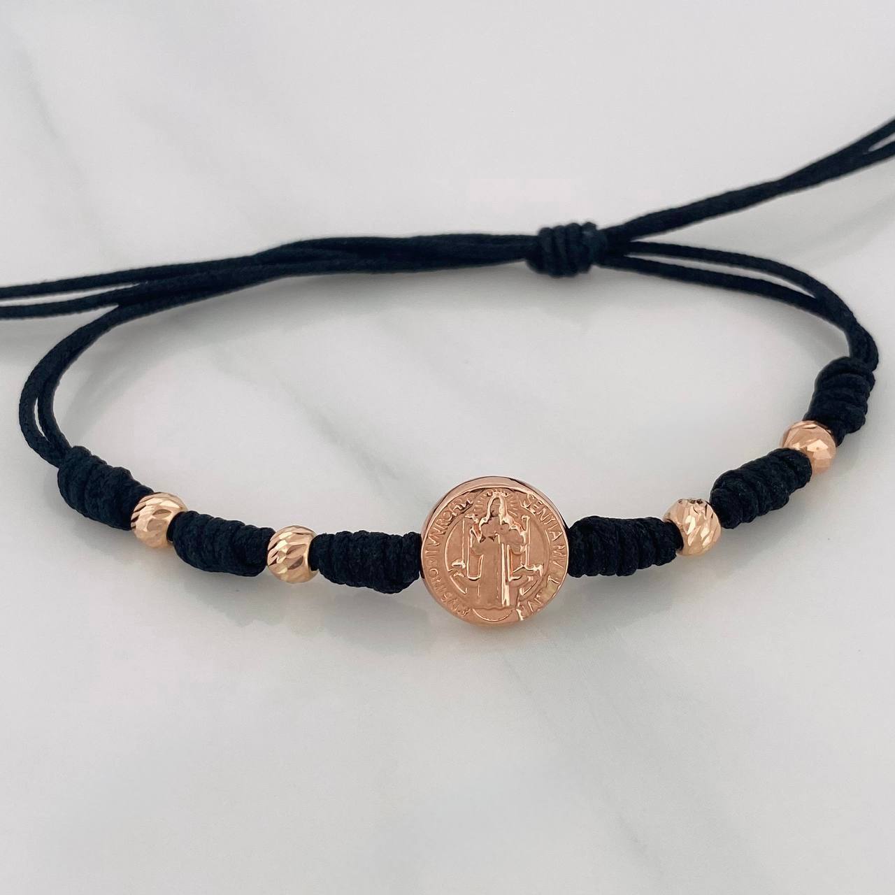 Pulsera Tejida Negra San Benito Oro Rosa 18K
