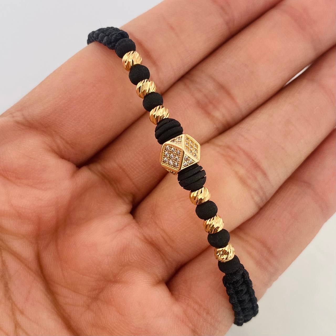 Pulsera Tejida Negra Rombos Oro Amarillo 18K