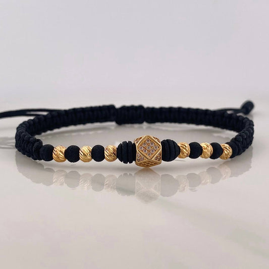 Pulsera Tejida Negra Rombos Oro Amarillo 18K