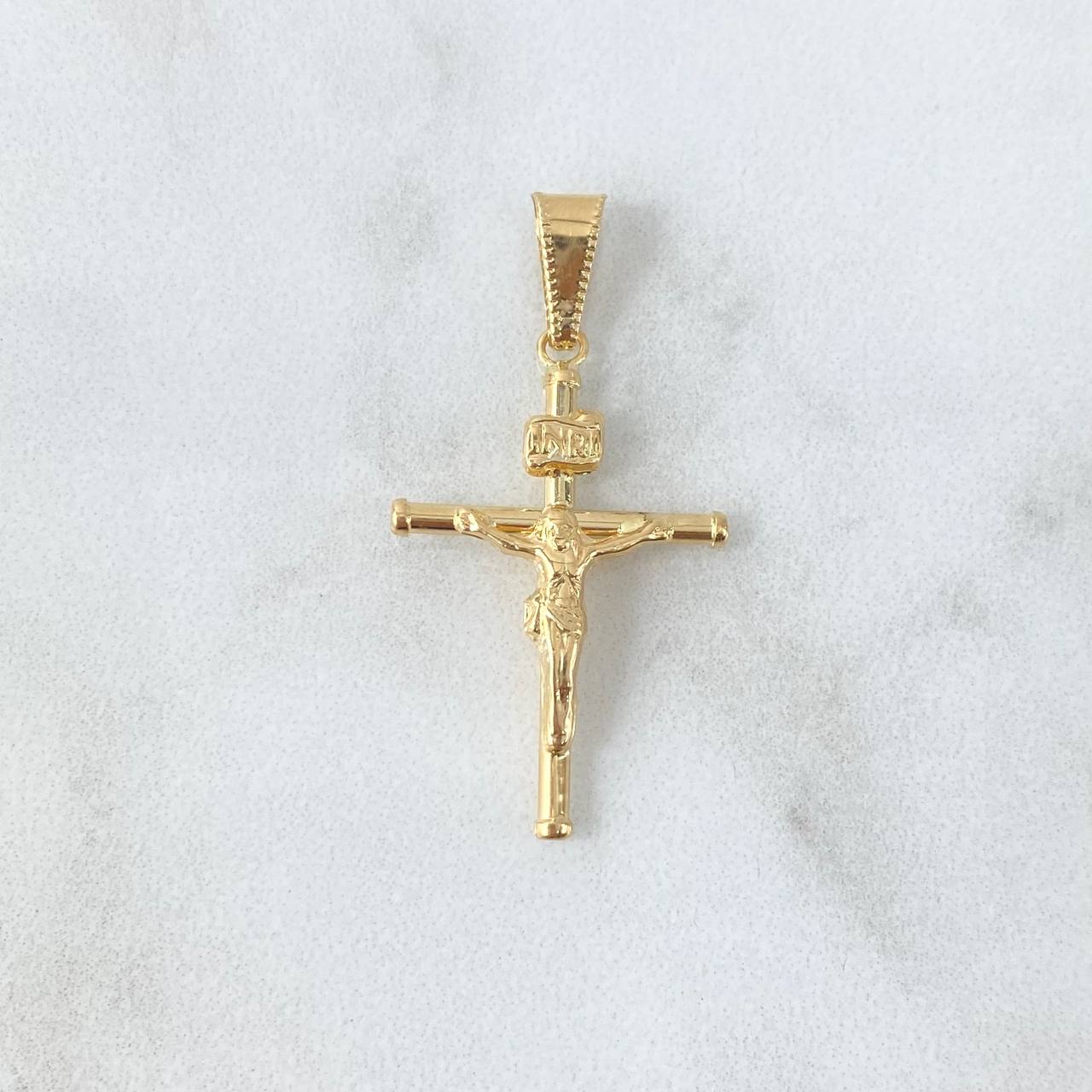 Dije Cruz Cristo Baston Liso 1.1gr / 3.7cm / Cargador Bordeado Oro Amarillo 18K