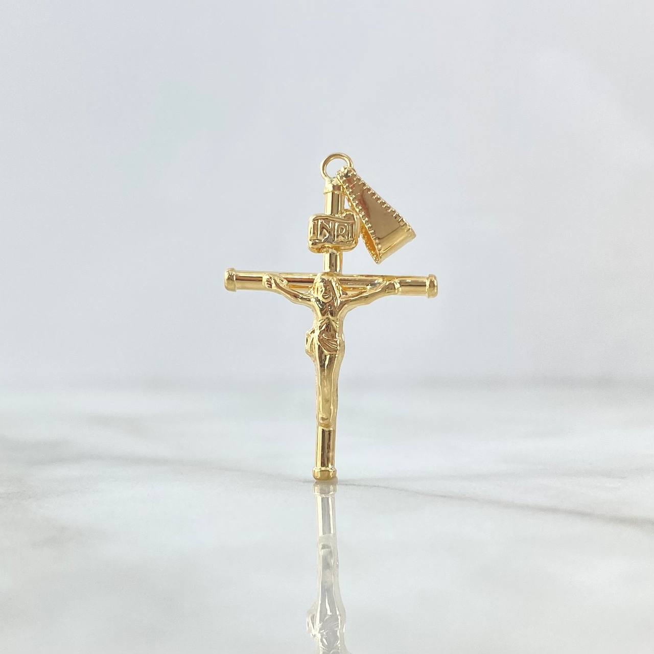 Dije Cruz Cristo Baston Liso 1.1gr / 3.7cm / Cargador Bordeado Oro Amarillo 18K
