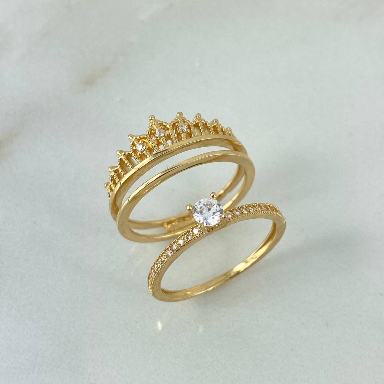 Anillo Corona Real Doble Solitario 4.15gr / T5 1/2 / Circones Blancos Oro Amarillo