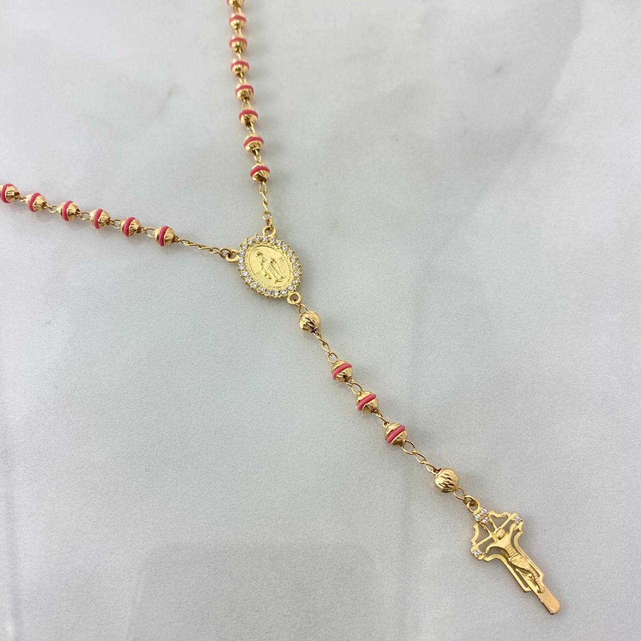 Rosario Virgen Milagrosa 12.45gr / 50cm / 3-4mm Bolas Diamantadas-Cauchos Rosa-Circones Blancos Oro Amarillo