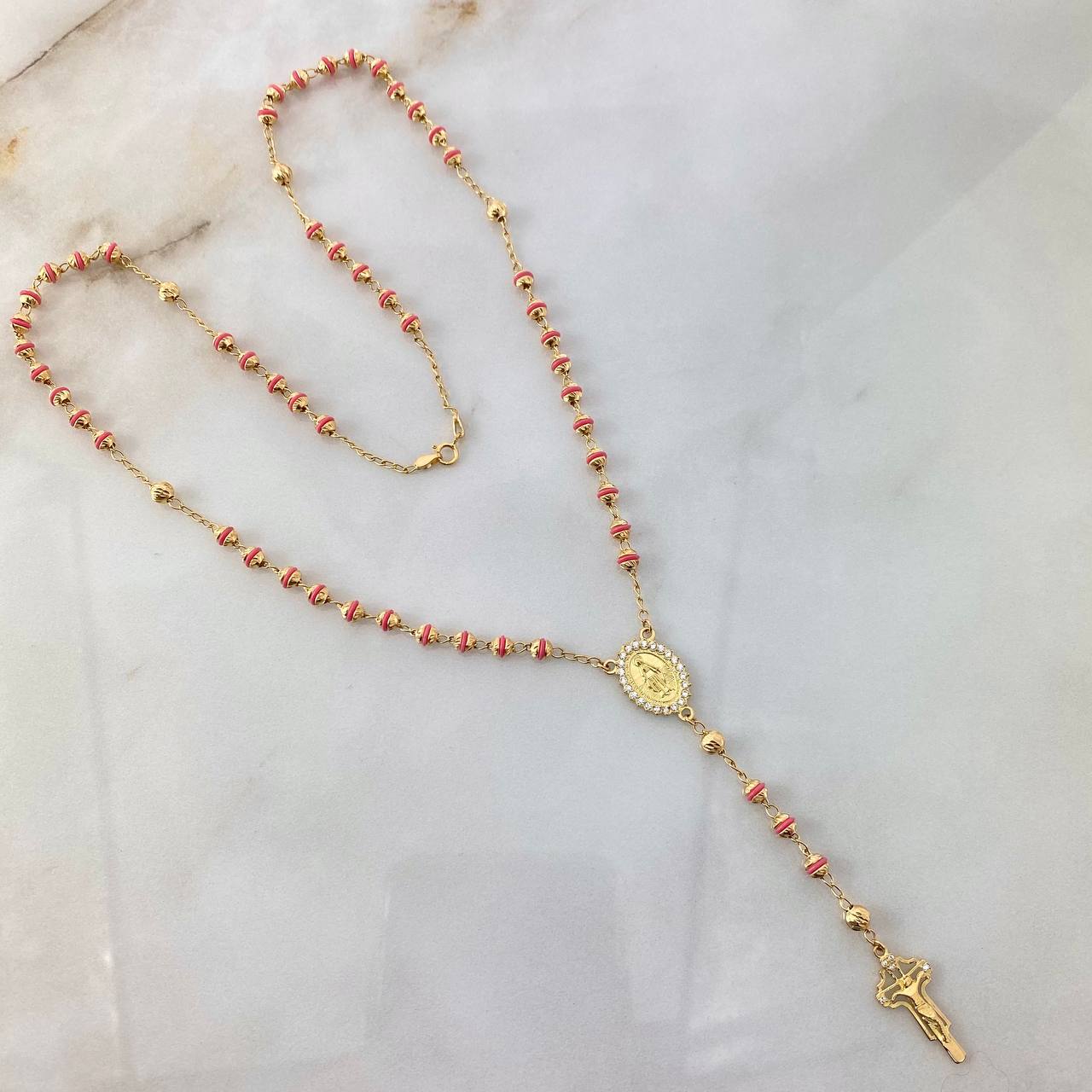 Rosario Virgen Milagrosa 12.45gr / 50cm / 3-4mm Bolas Diamantadas-Cauchos Rosa-Circones Blancos Oro Amarillo
