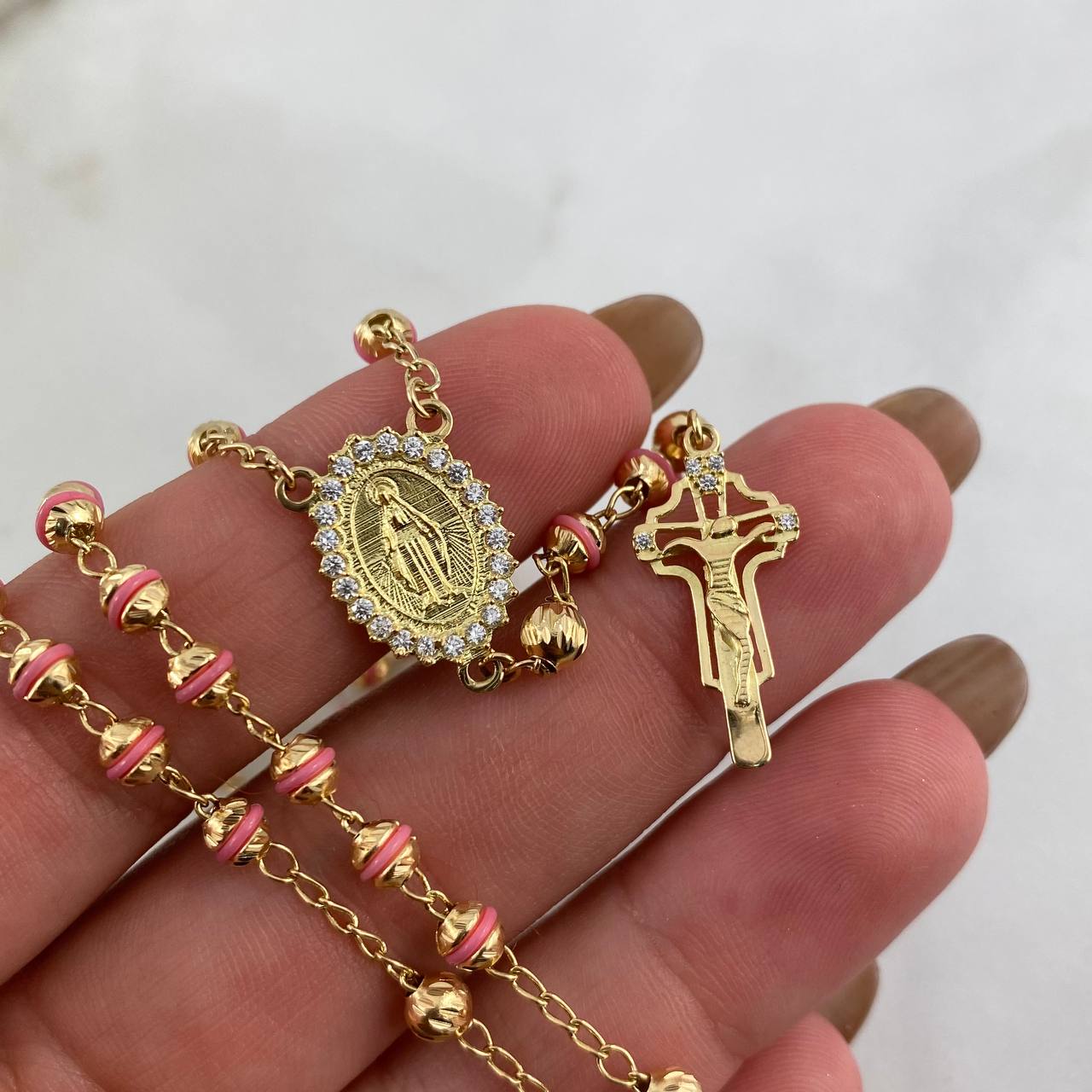 Rosario Virgen Milagrosa 12.45gr / 50cm / 3-4mm Bolas Diamantadas-Cauchos Rosa-Circones Blancos Oro Amarillo