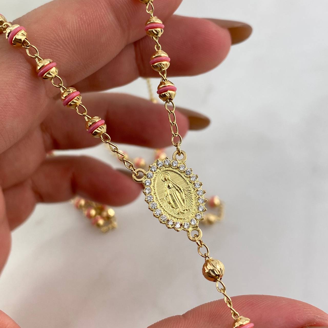 Rosario Virgen Milagrosa 12.45gr / 50cm / 3-4mm Bolas Diamantadas-Cauchos Rosa-Circones Blancos Oro Amarillo