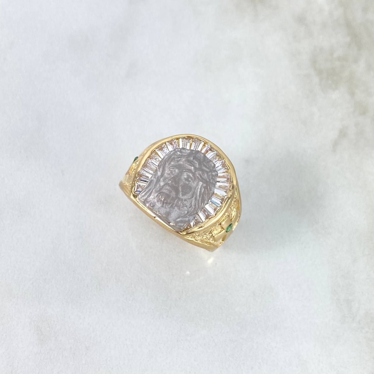 Anillo Rostro Cristo 7.85gr / T10 3/4 / Circones Blancos Verde Dos Oros Amarillo Blanco *