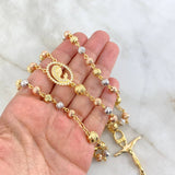 Rosario Virgen Maria 33.05gr / 60cm / 6-8mm Bolas Diamantadas Circones Blancos Tres Oros *
