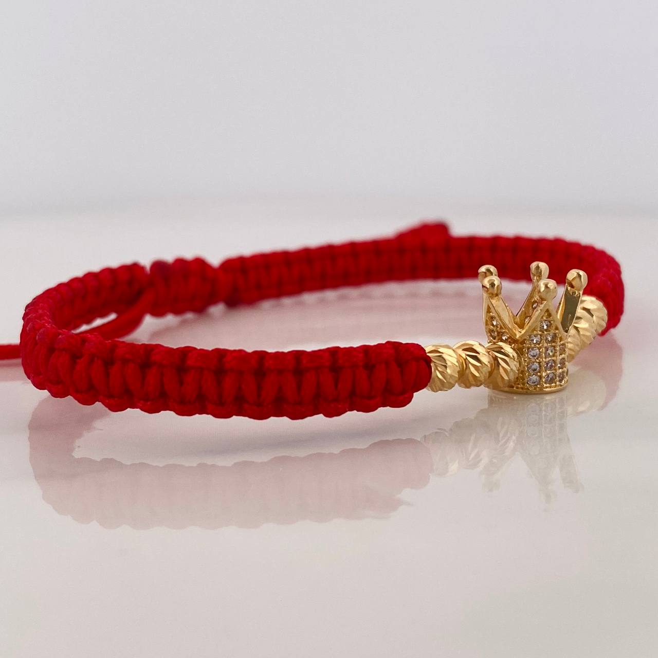 Pulsera Tejida Roja Corona Real Oro Amarillo 18K