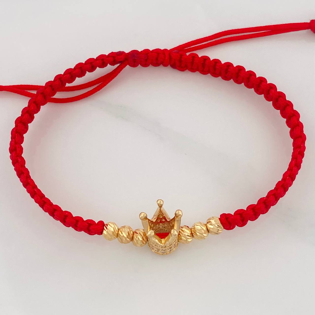 Pulsera Tejida Roja Corona Real Oro Amarillo 18K