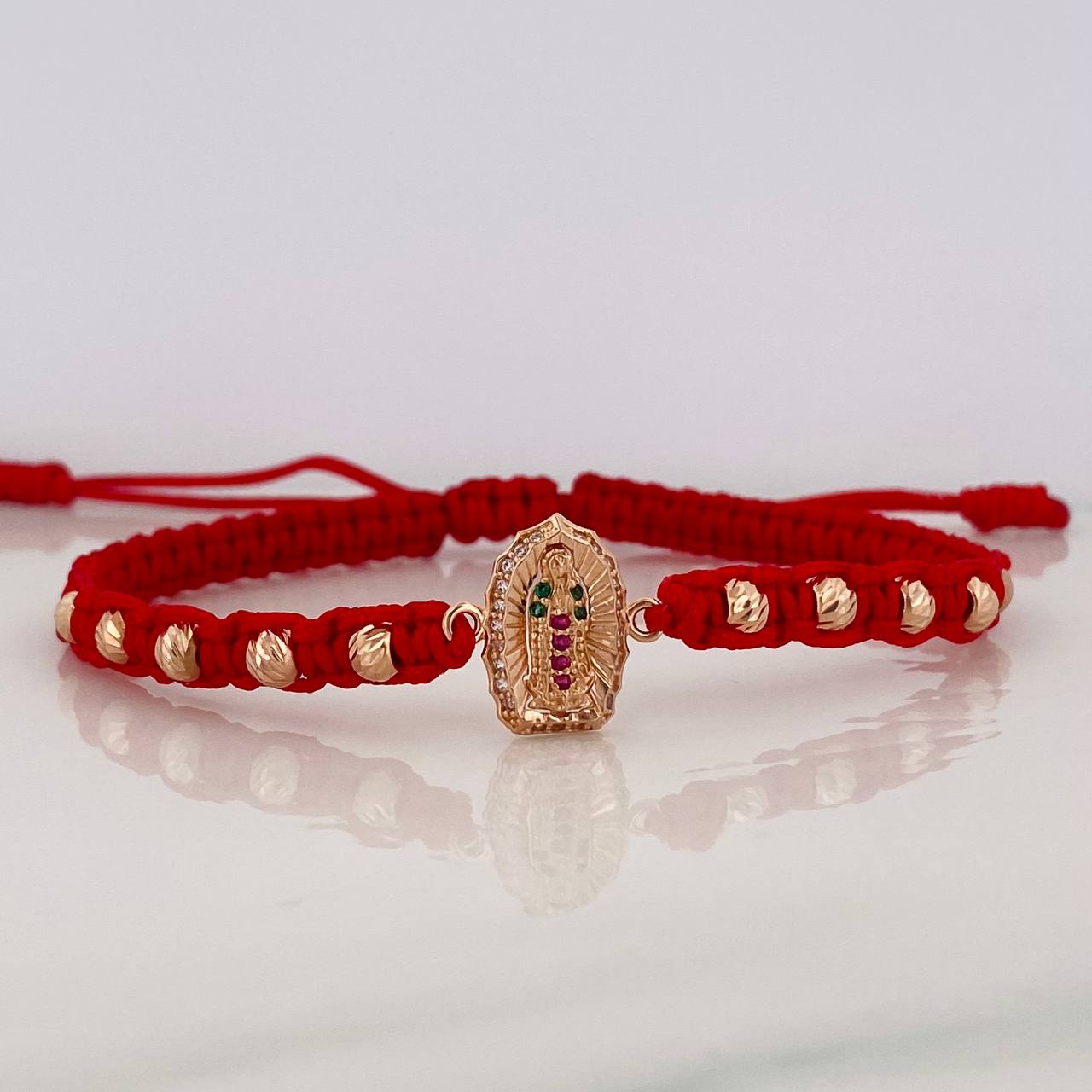 Pulsera Tejida Roja Virgen de Guadalupe Oro Rosa 18K