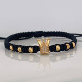 Pulsera Tejida Negra Corona Real Oro Amarillo 18K