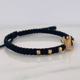 Pulsera Tejida Negra Corona Real Oro Amarillo 18K