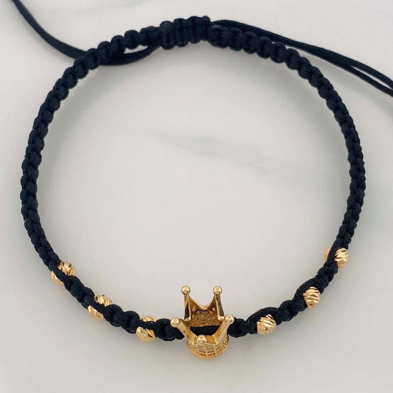 Pulsera Tejida Negra Corona Real Oro Amarillo 18K