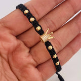 Pulsera Tejida Negra Corona Real Oro Amarillo 18K