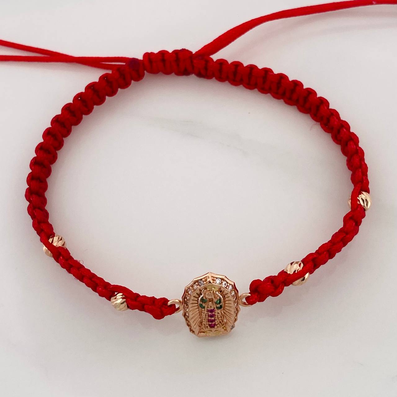 Pulsera Tejida Roja Virgen de Guadalupe Oro Rosa 18K