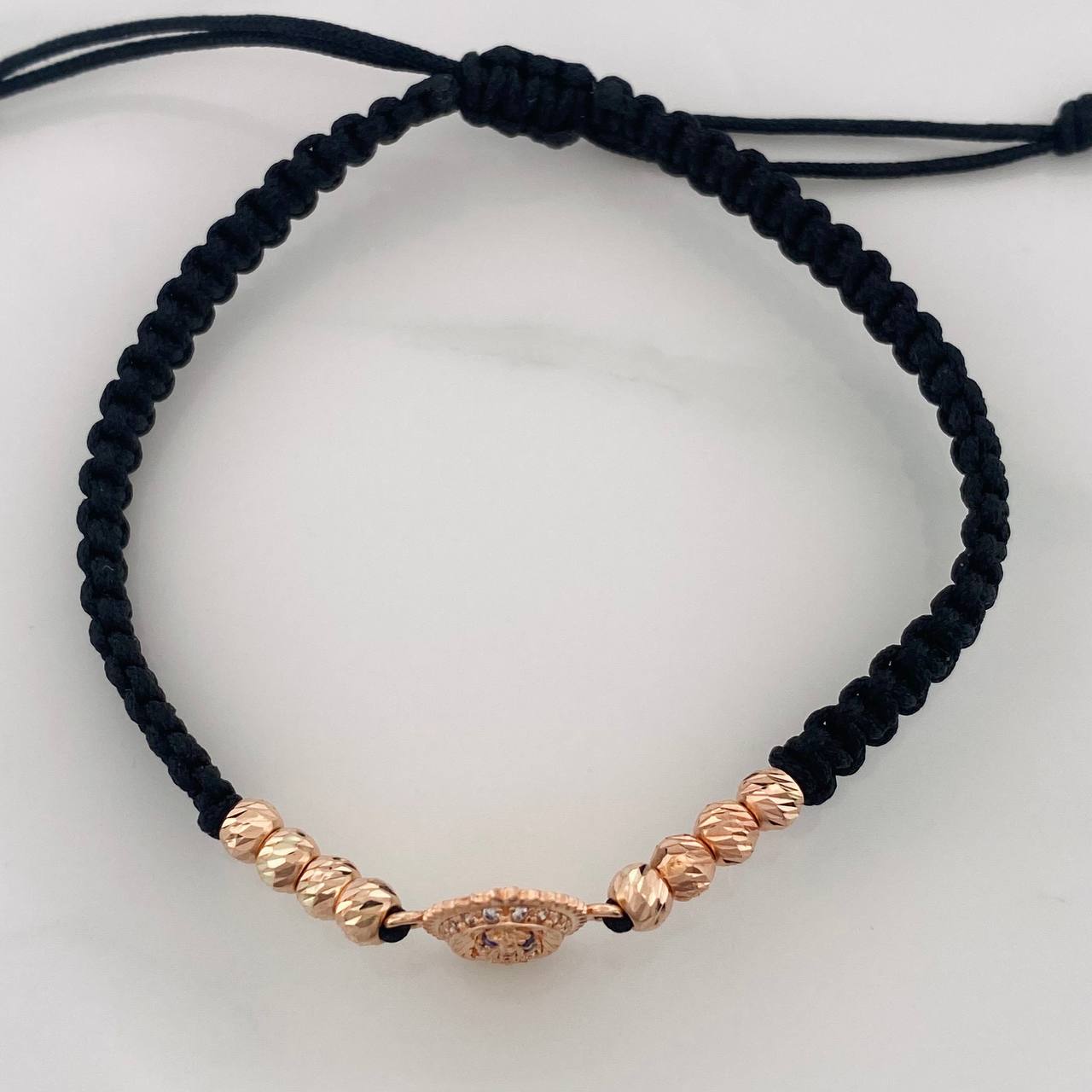 Pulsera Tejida Negra Virgen de Guadalupe Oro Rosa 18K