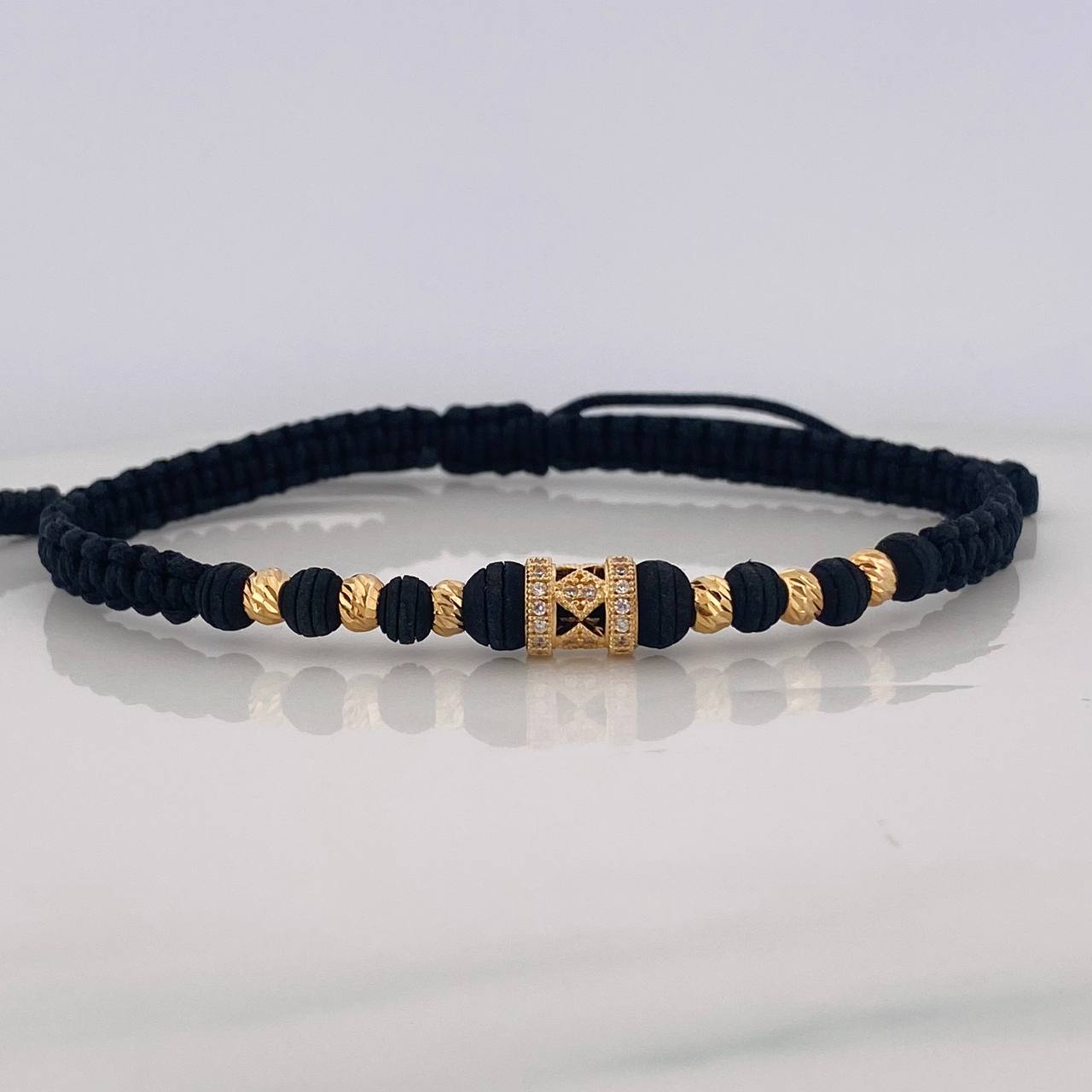 Pulsera Tejida Negra Rombos Oro Amarillo 18K