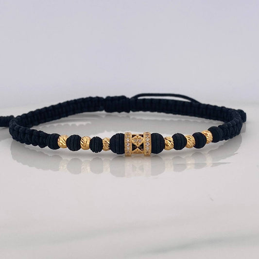 Pulsera Tejida Negra Rombos Oro Amarillo 18K