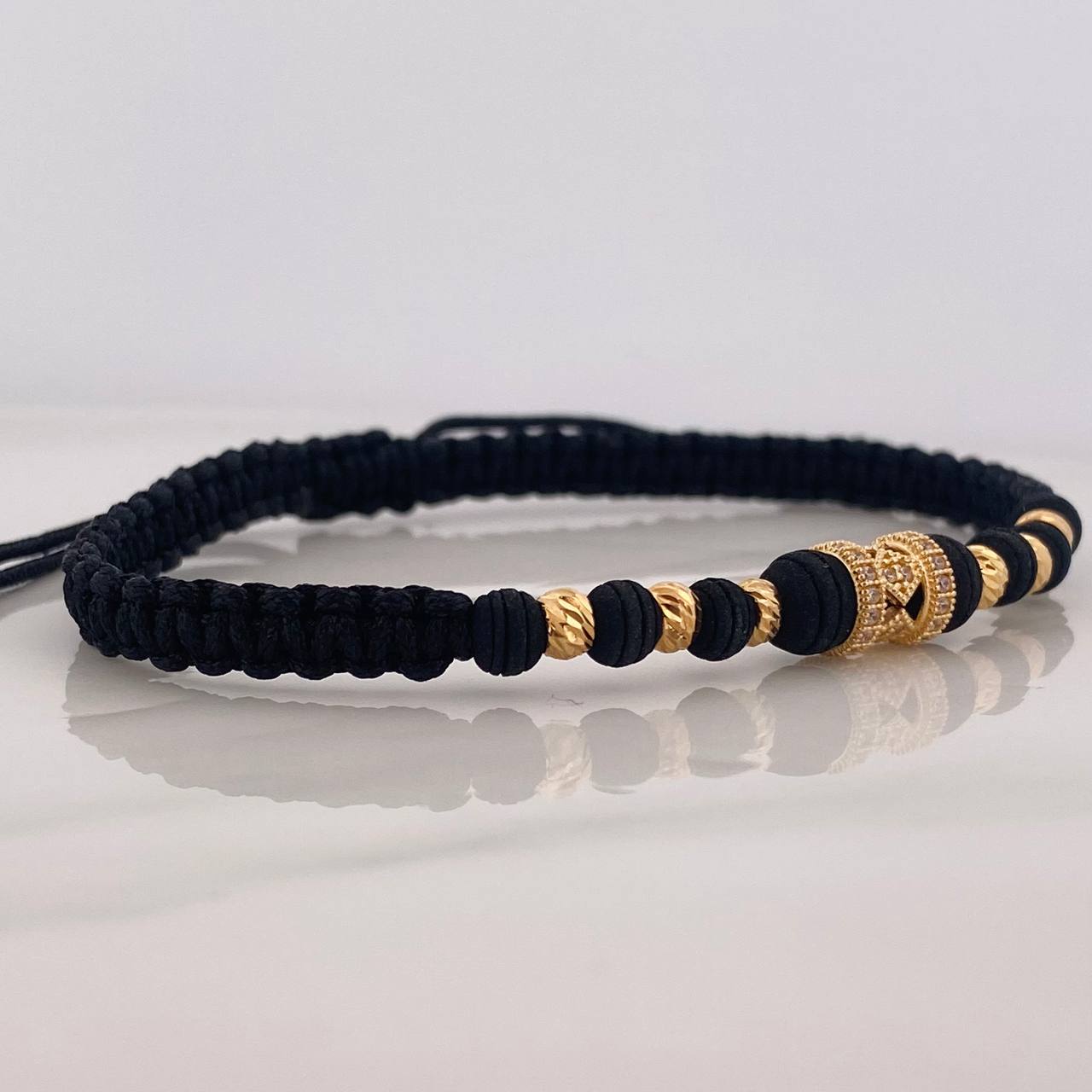 Pulsera Tejida Negra Rombos Oro Amarillo 18K
