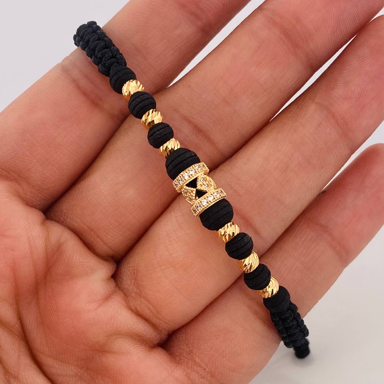 Pulsera Tejida Negra Rombos Oro Amarillo 18K