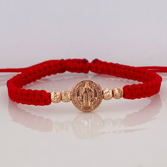 Pulsera Tejida Roja San Benito Oro Rosa 18K