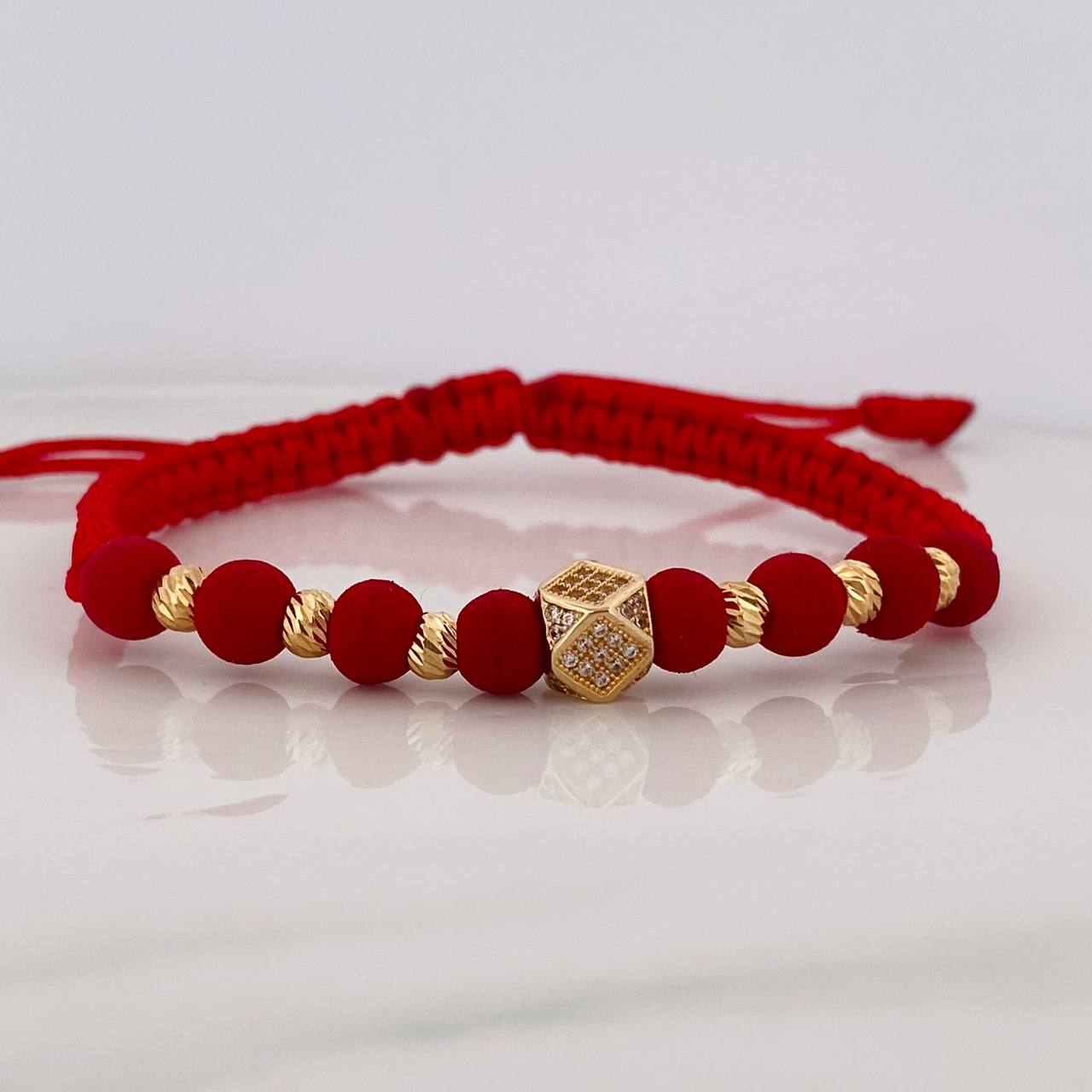 Pulsera Tejida Roja Rombos Oro Amarillo 18K