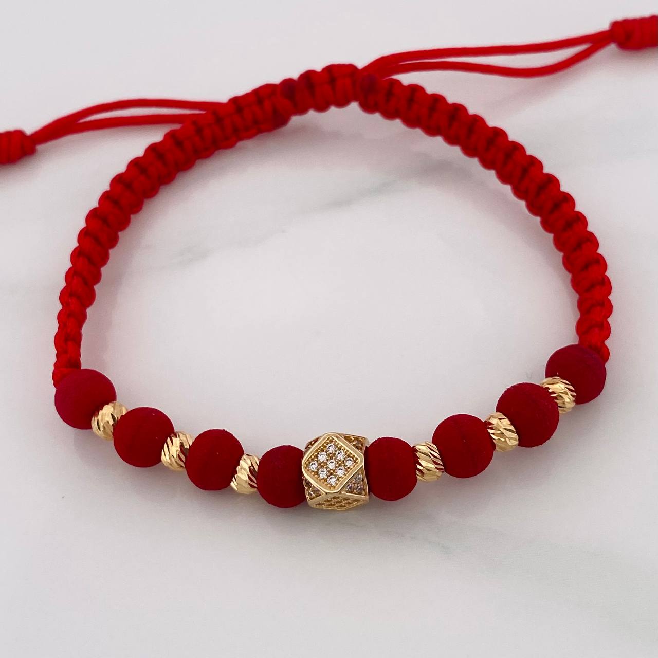 Pulsera Tejida Roja Rombos Oro Amarillo 18K