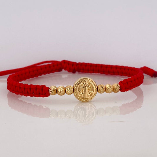 Pulsera Tejida Roja San Benito Oro Amarillo 18K