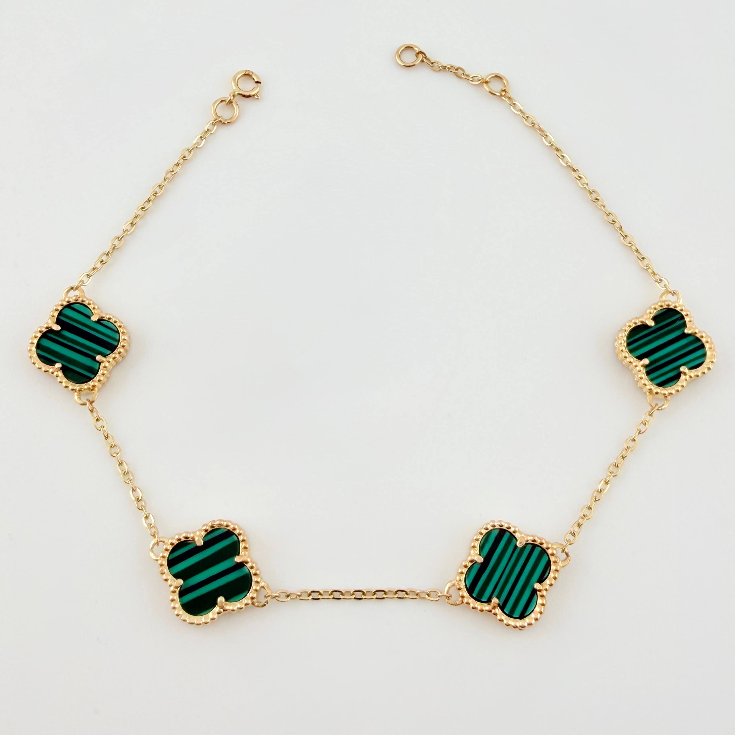Pulso Aro seguido Trebol Malaquita Verde 6.6gr / 18cm-19.5cm / 12mm Oro Amarillo Nac.Esp. 18K *