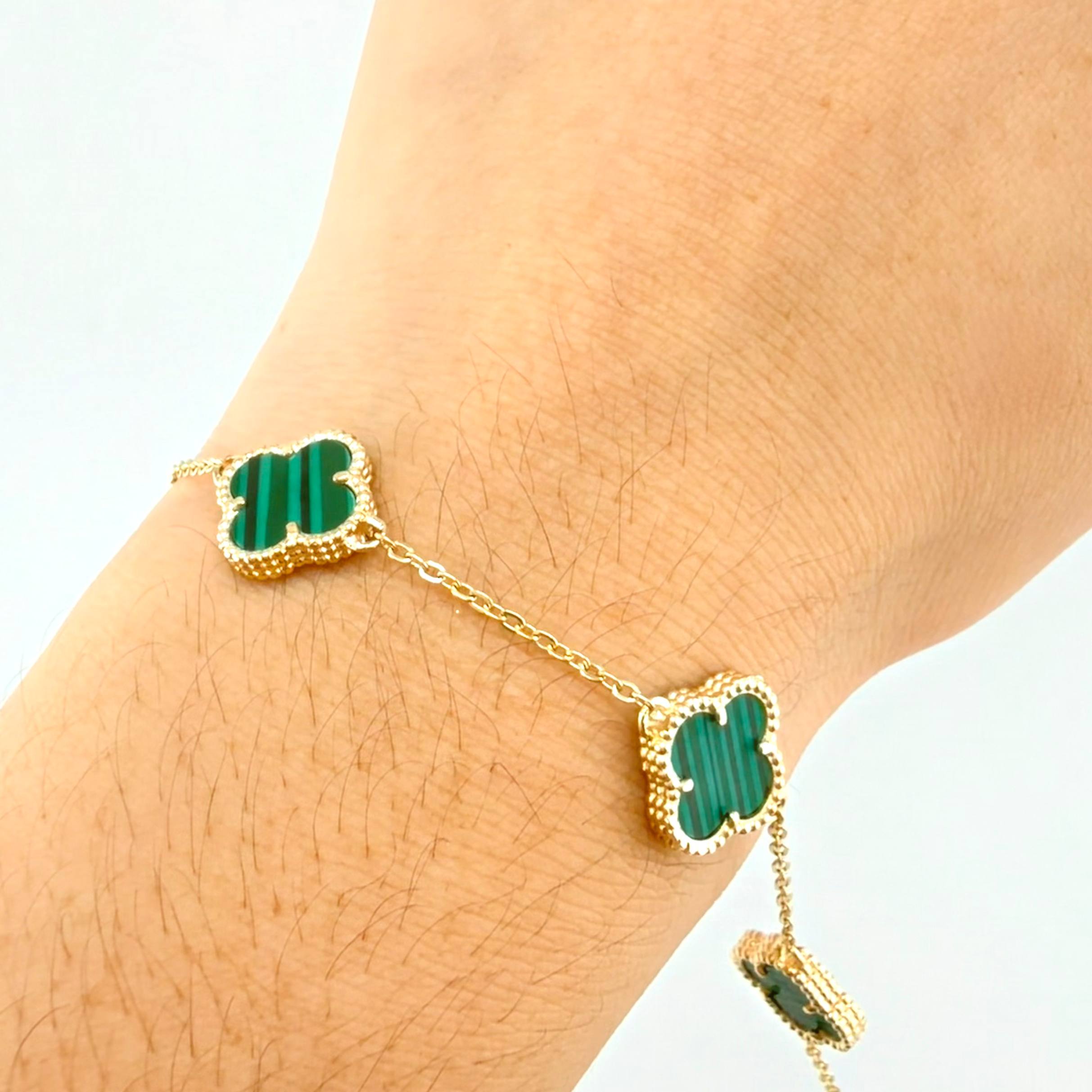 Pulso Aro seguido Trebol Malaquita Verde 6.6gr / 18cm-19.5cm / 12mm Oro Amarillo Nac.Esp. 18K *