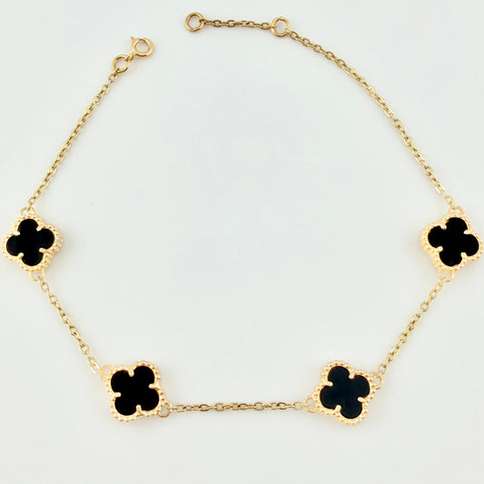 Pulso Aro Seguido Trebol Negro Onix 5.25gr / 19cm-20cm / 10mm Oro Amarillo Nac.Esp. 18K *