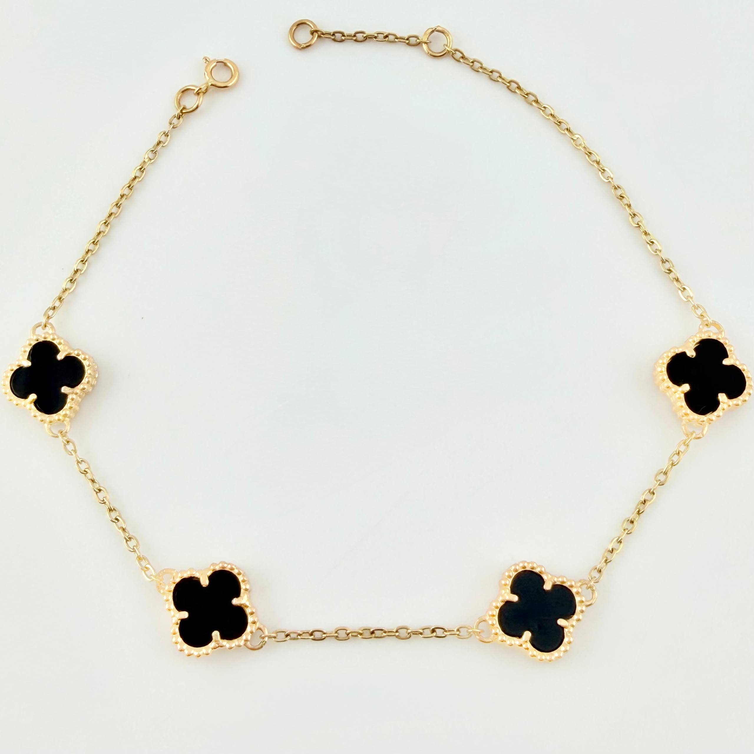 Pulso Aro seguido Trebol Onix Negro 5.45gr / 19.5cm-21cm / 10mm Oro Amarillo Nac.Esp. 18K