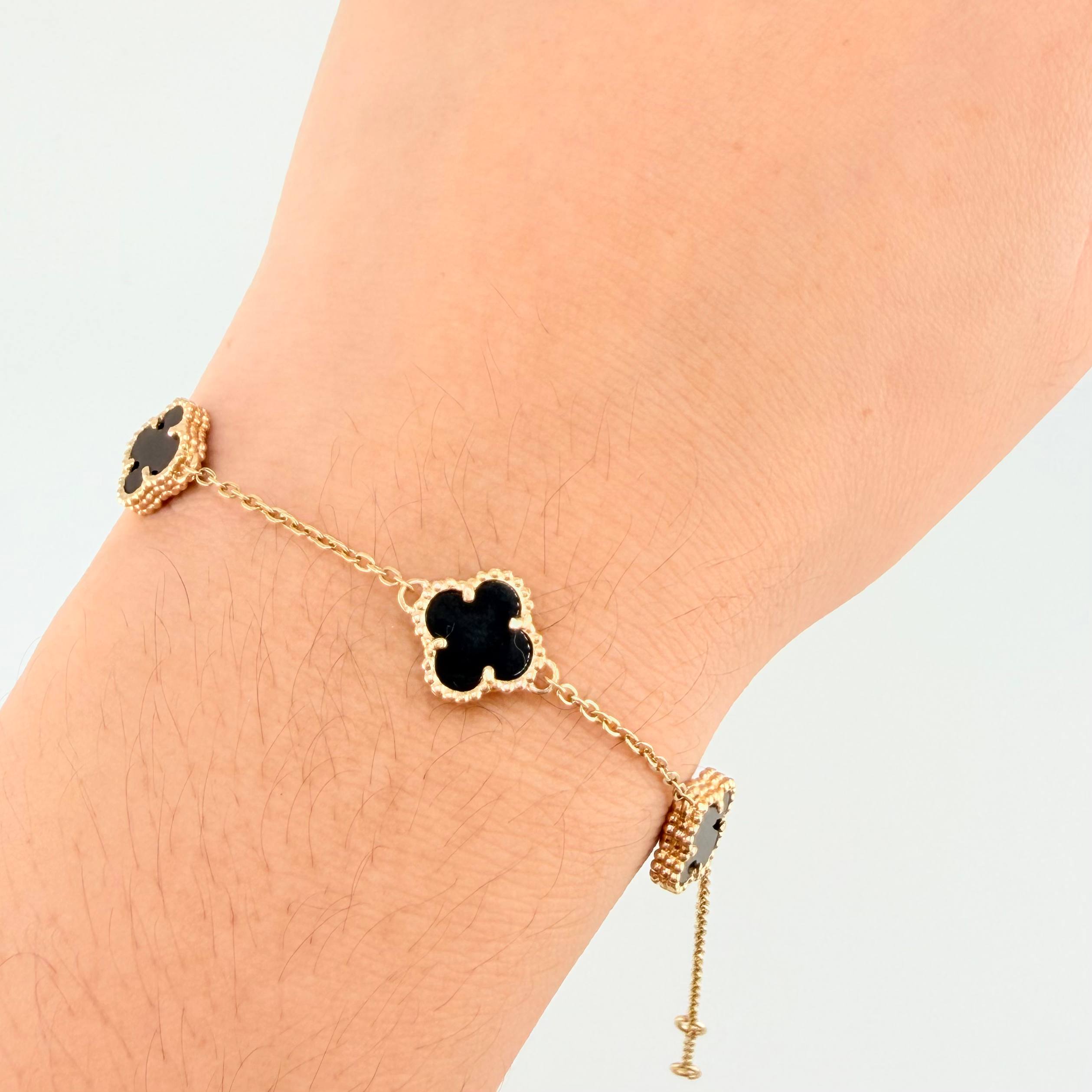 Pulso Aro Seguido Trebol Negro Onix 5.25gr / 19cm-20cm / 10mm Oro Amarillo Nac.Esp. 18K *