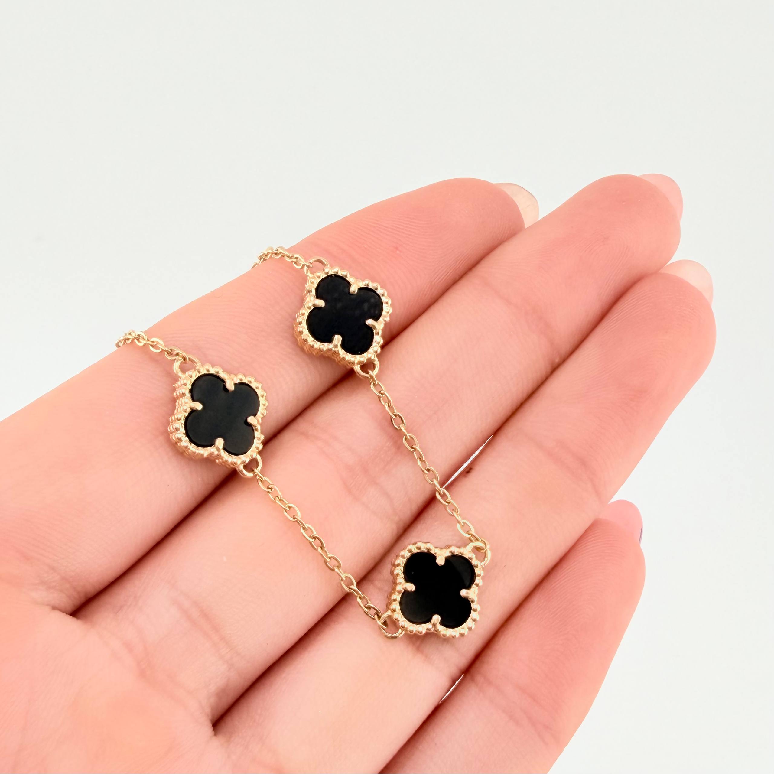 Pulso Aro Seguido Trebol Negro Onix 5.15gr / 16cm-17.5cm / 12mm Oro Amarillo Nac.Esp. 18K *