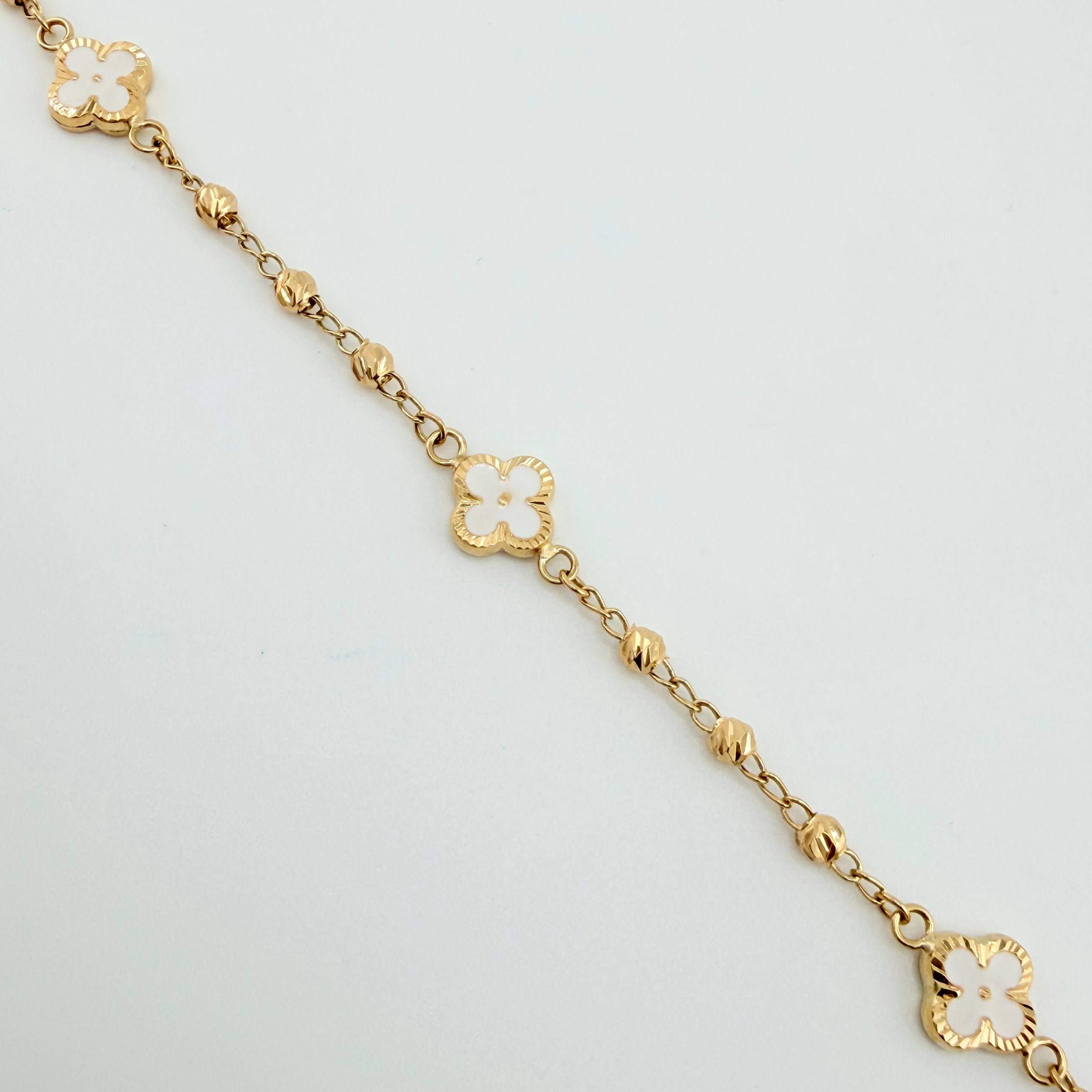 Pulso Militar Treboles Flores Blancas 3.35gr / 19cm / 8.2mm Oro Amarillo Nac.Esp. 18K