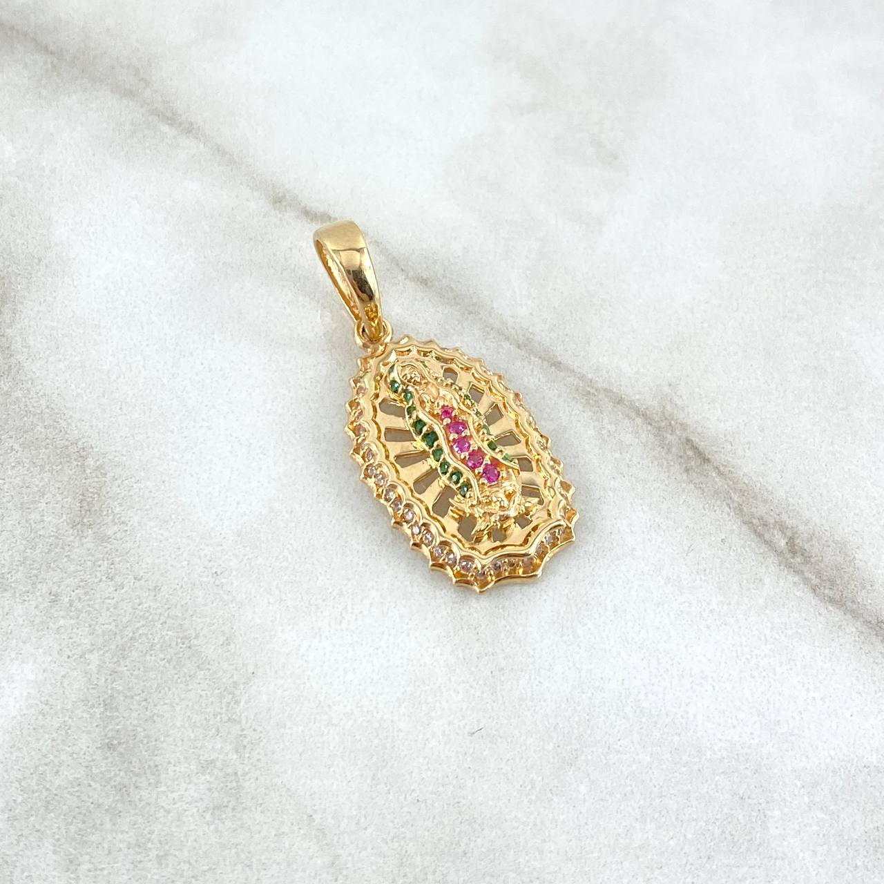 Dije Virgen de Guadalupe 4.95gr / 3.4cm / Circones Blancos-Verdes-Fucsias Oro Amarillo
