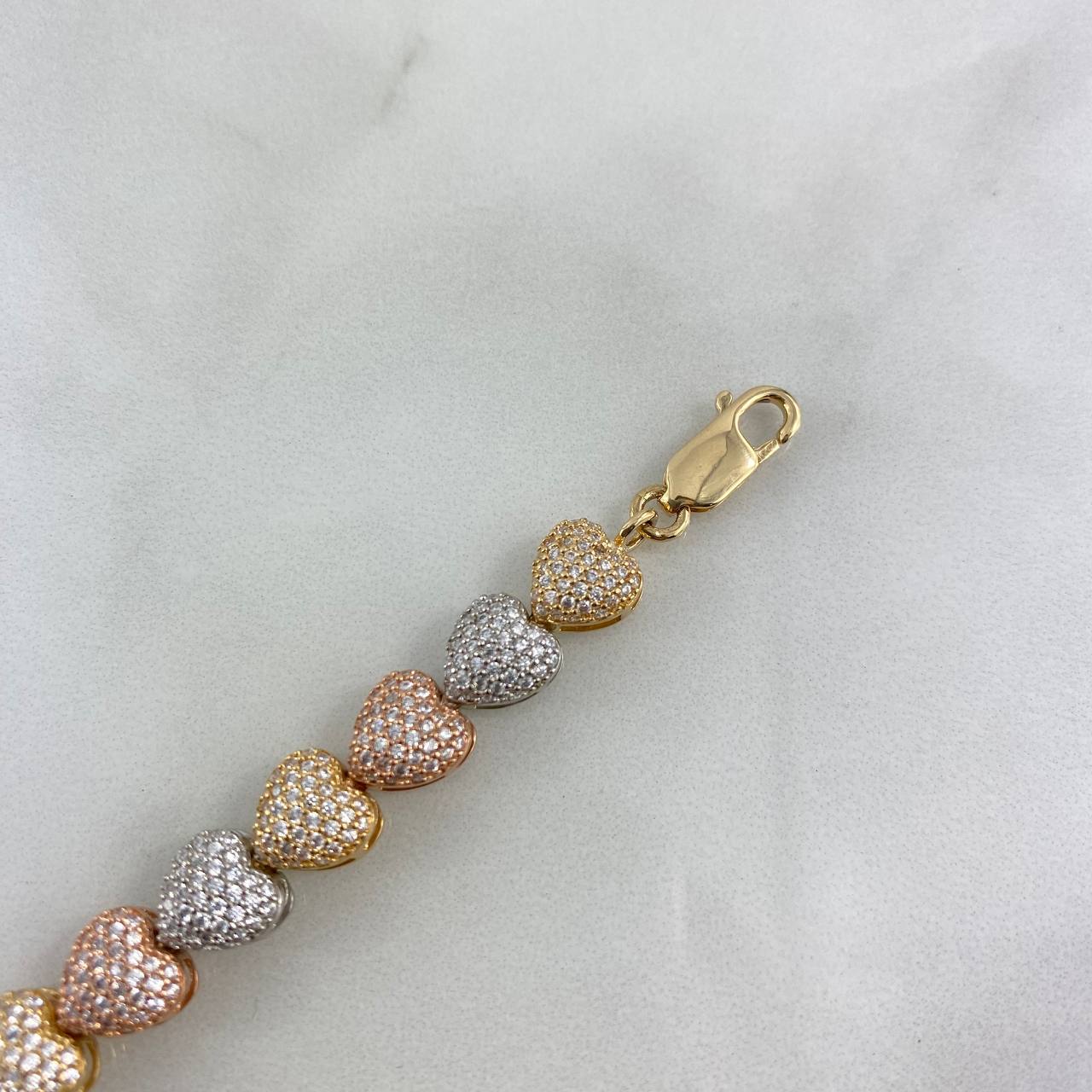 Pulso Reticulado Corazones 20gr / 19cm / 8mm Circones Blancos Tres Oros 18K ©