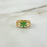 Anillo Tres Lineas Flor 4.1gr / T7 / Circones Blancos Verdes Oro Amarillo ©