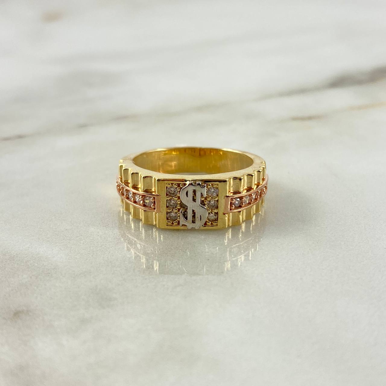 Anillo Correa Signo Dinero 7.15gr / T10 / Circones Blancos Tres Oros ©