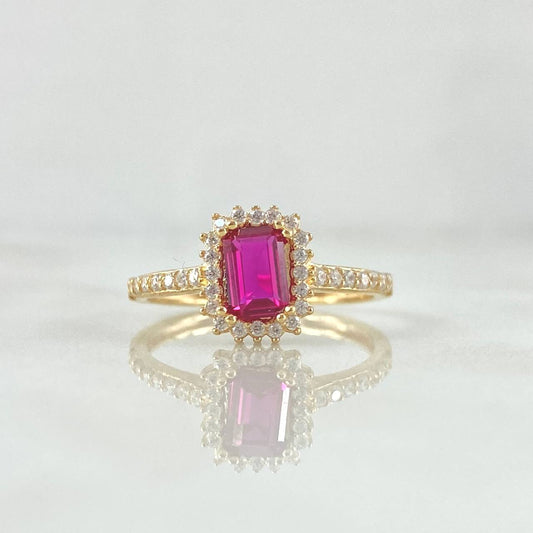 Anillo Solitario Halo Rectangular 2.5gr / T6 1/4 / Circones Blancos Fucsia Oro Amarillo 18K