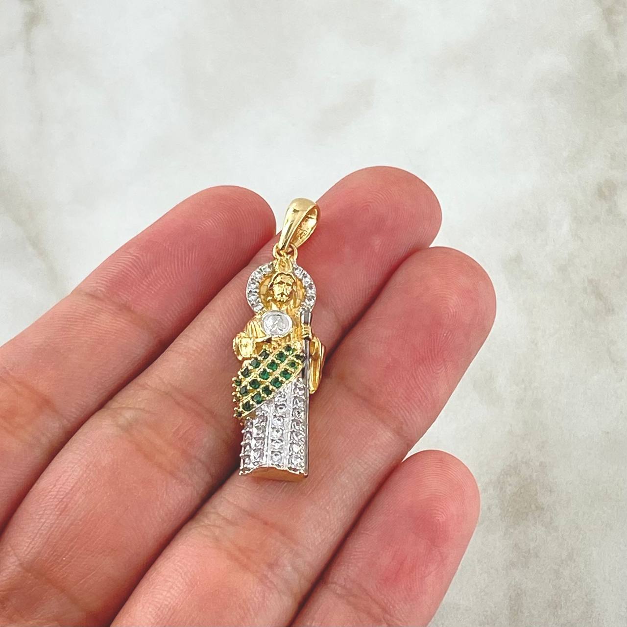 Dije San Judas 4.4gr / 3.6cm / Circones Blancos Verdes Dos Oros Amarillo Blanco 18K