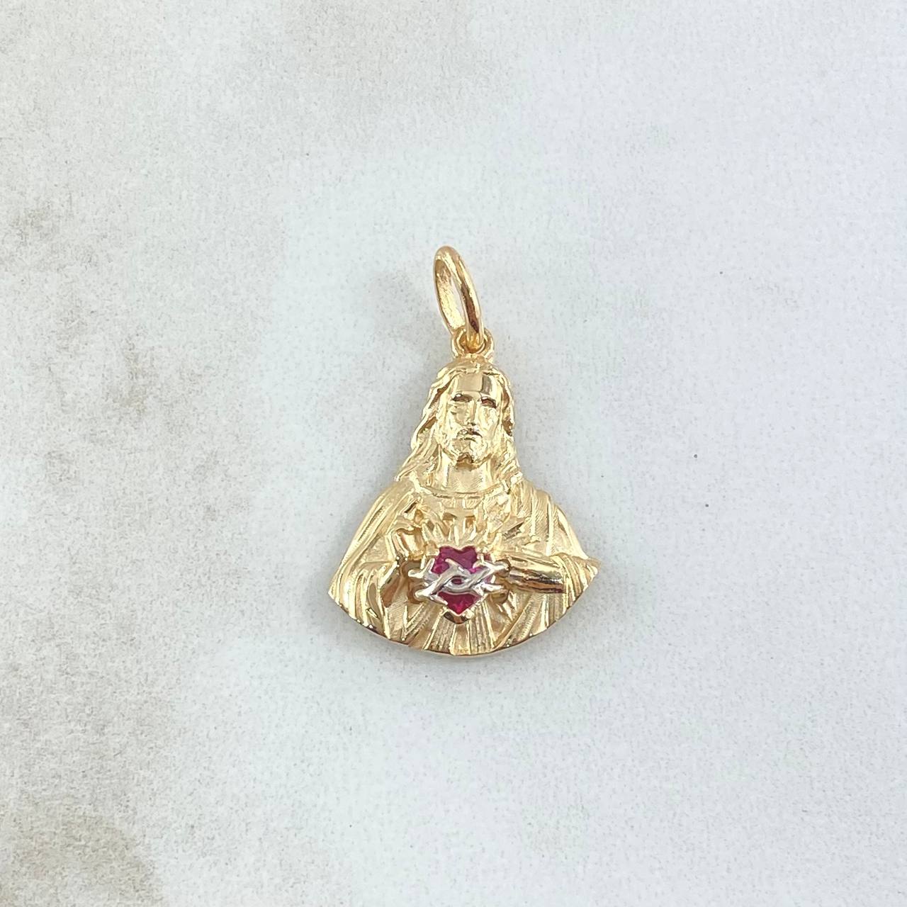 Dije Sagrado Corazón De Jesús 2.95gr / 2.6cm / Circon Fucsia Oro Amarillo 18K