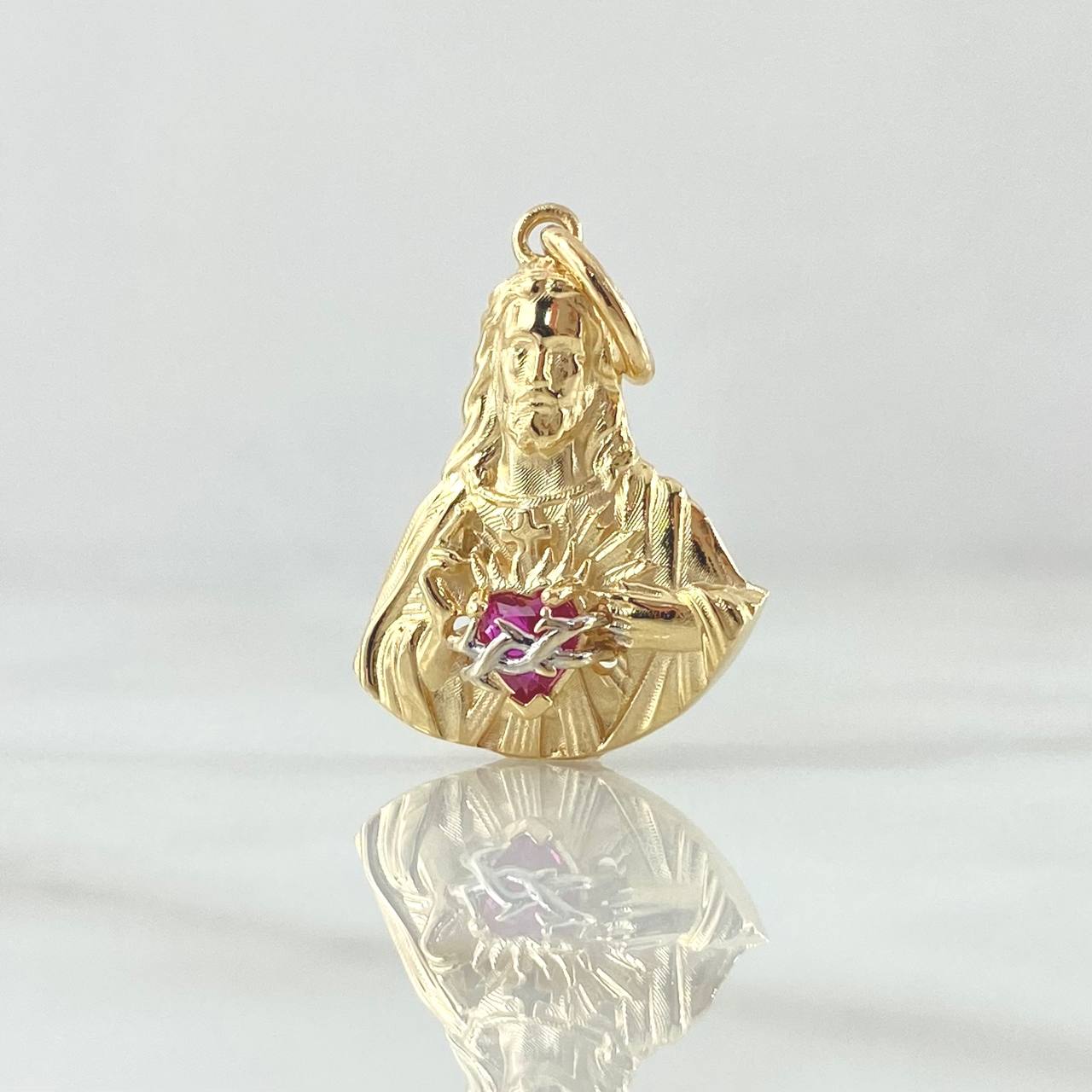 Dije Sagrado Corazón De Jesús 2.95gr / 2.6cm / Circon Fucsia Oro Amarillo 18K