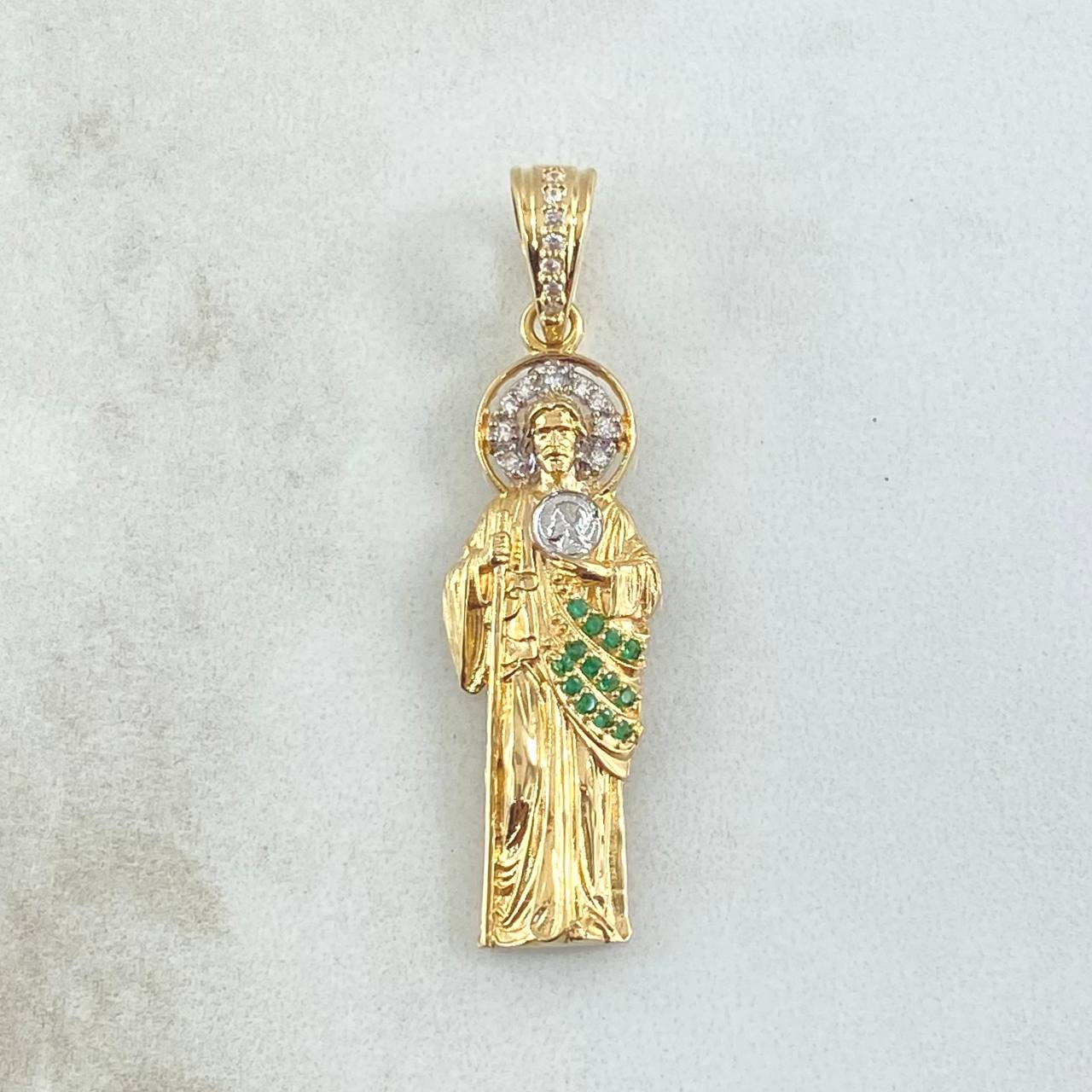 Dije San Judas 4.25gr / 4cm / Circones Blancos Verdes Dos Oros Amarillo Blanco 18K ©