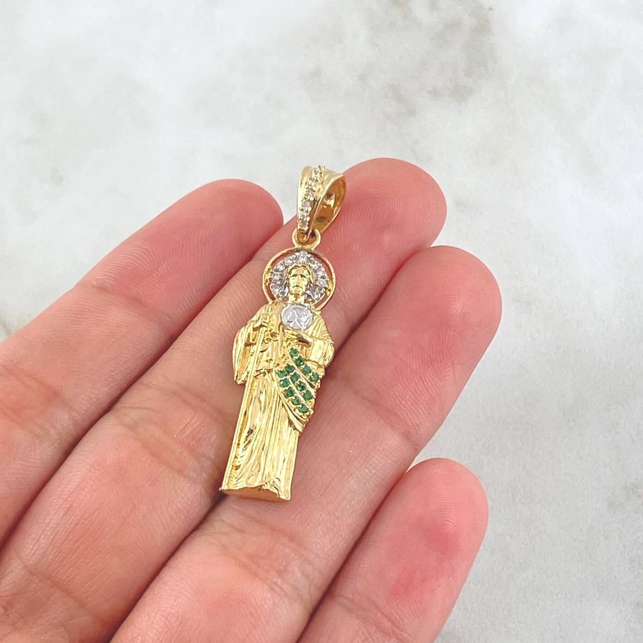 Dije San Judas 4.25gr / 4cm / Circones Blancos Verdes Dos Oros Amarillo Blanco 18K ©